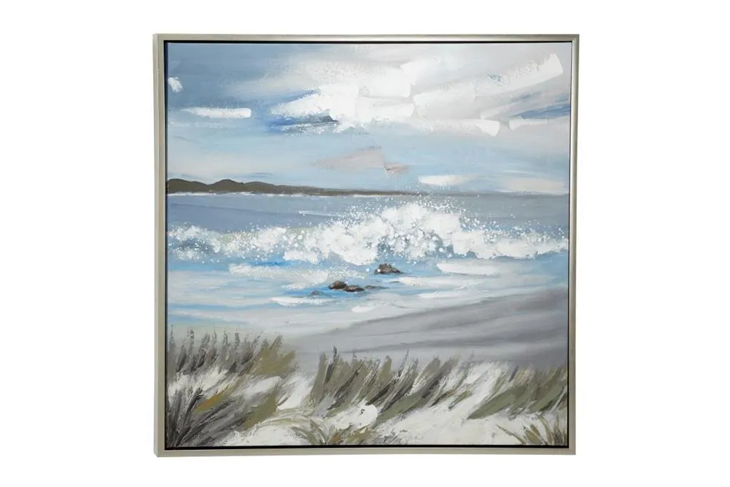BLUE CANVAS LANDSCAPE BEACH FRAMED WALL ART WITH SILVER FRAME