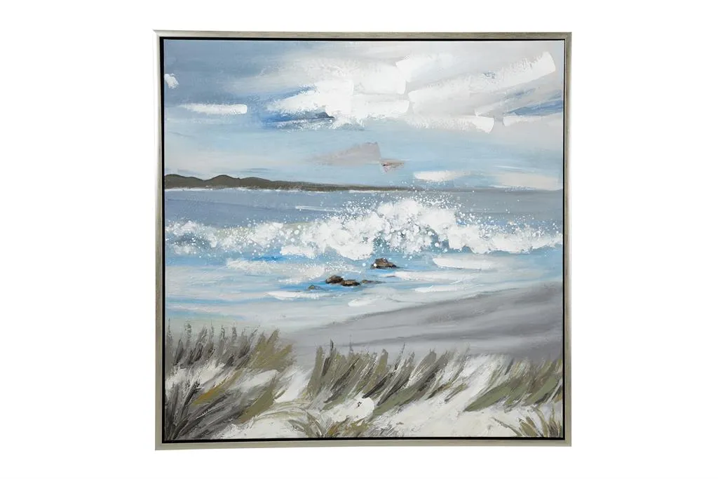 BLUE CANVAS LANDSCAPE BEACH FRAMED WALL ART WITH SILVER FRAME
