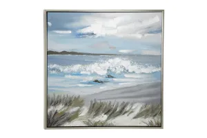 BLUE CANVAS LANDSCAPE BEACH FRAMED WALL ART WITH SILVER FRAME