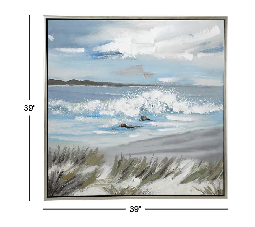BLUE CANVAS LANDSCAPE BEACH FRAMED WALL ART WITH SILVER FRAME
