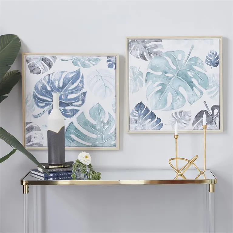 COSMOLIVING BY COSMOPOLITAN BLUE CANVAS LEAF HANDMADE TROPICAL FRAMED WALL ART WITH BROWN FRAME, SET OF 2