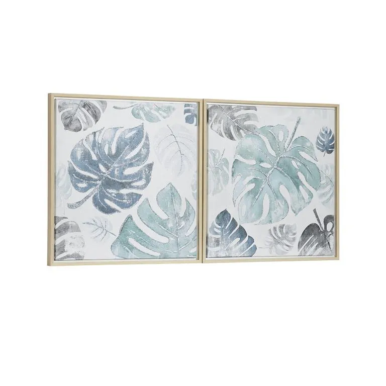 COSMOLIVING BY COSMOPOLITAN BLUE CANVAS LEAF HANDMADE TROPICAL FRAMED WALL ART WITH BROWN FRAME, SET OF 2
