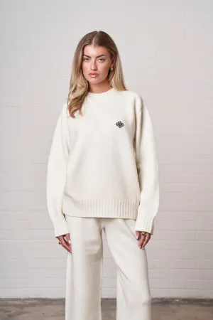 FLUFFY KNIT EMBLEM EMBROIDERED CREW - OFF WHITE/BLACK