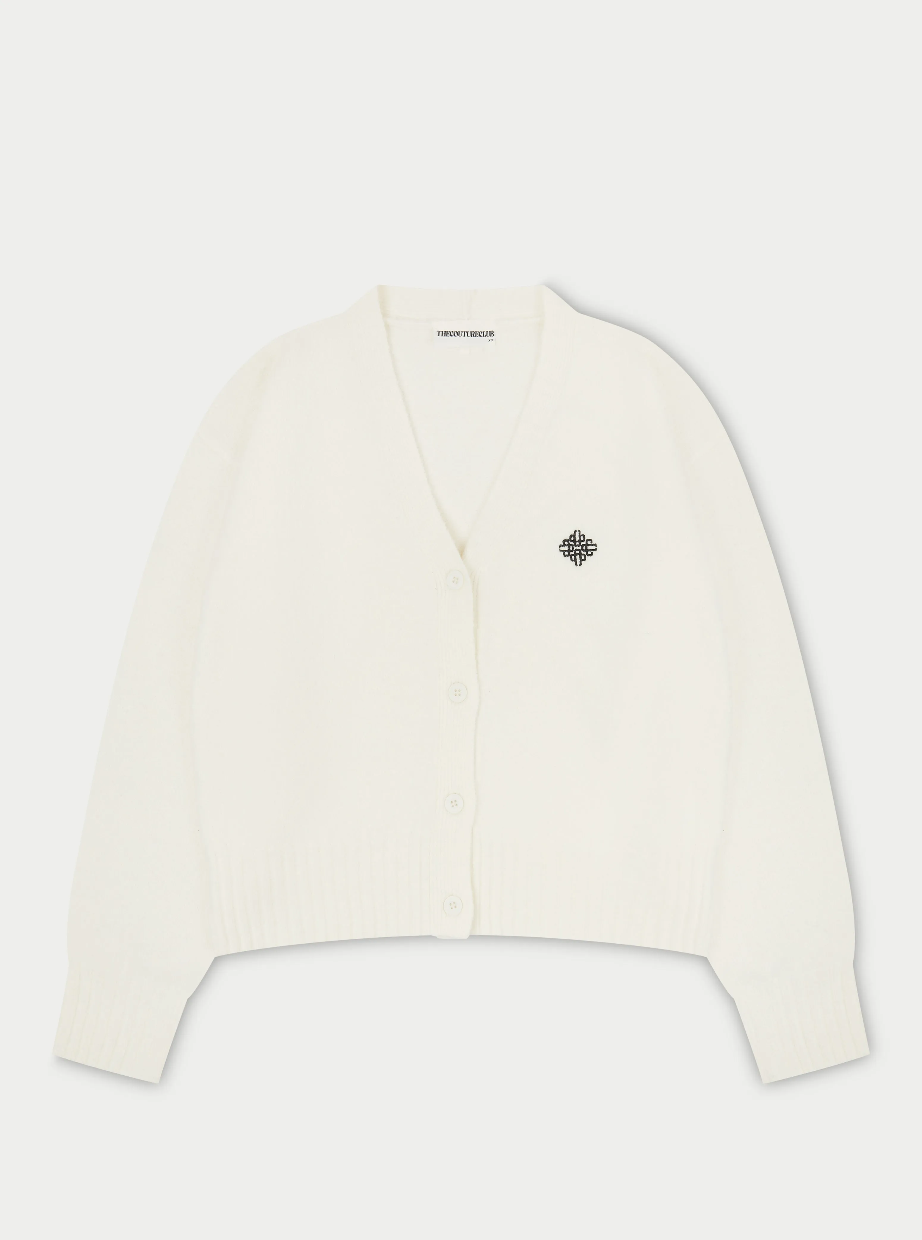FLUFFY KNITTED EMBLEM EMBROIDERED CARDIGAN - OFF WHITE