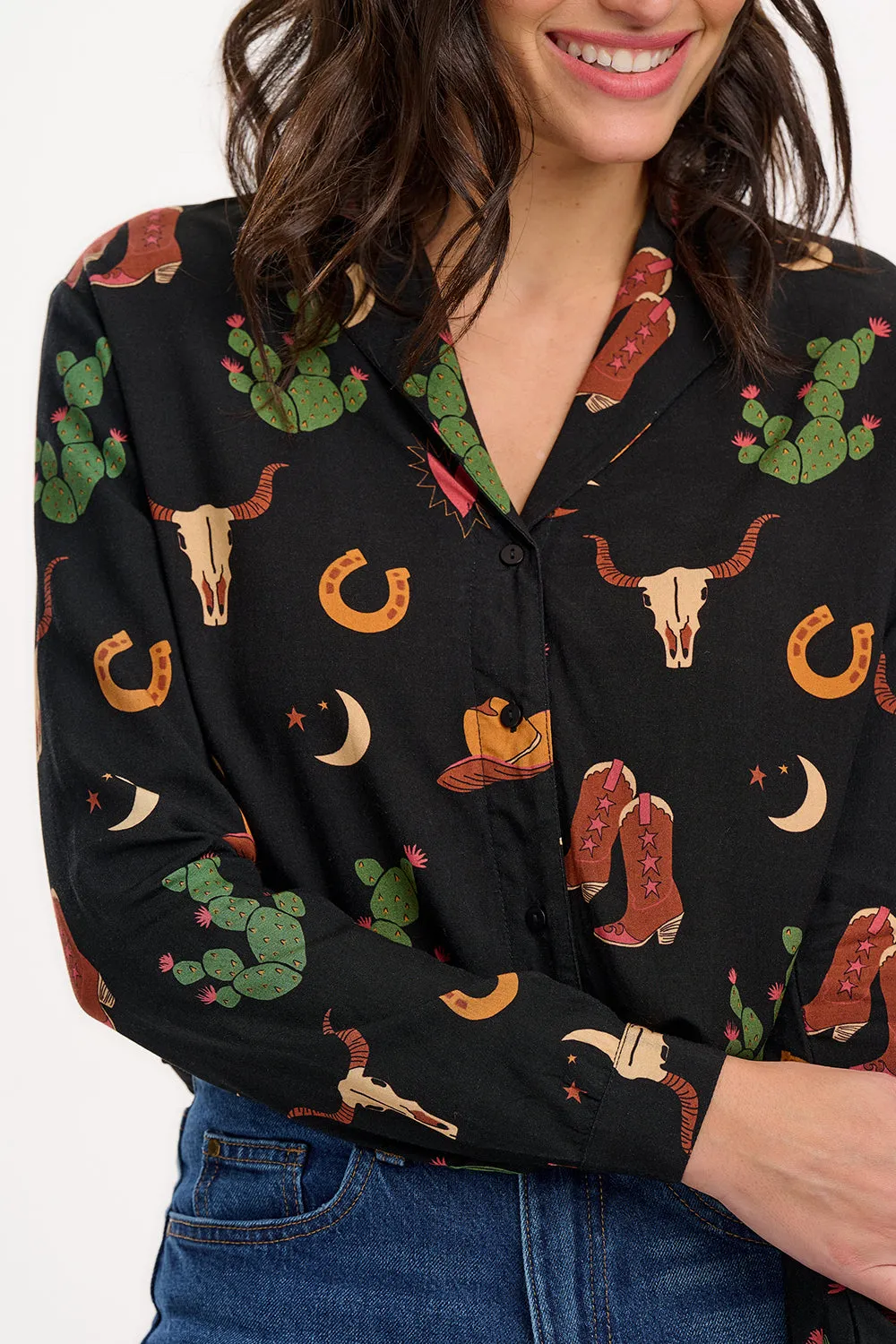 Micah Revere Shirt - Black. Cowgirl Print