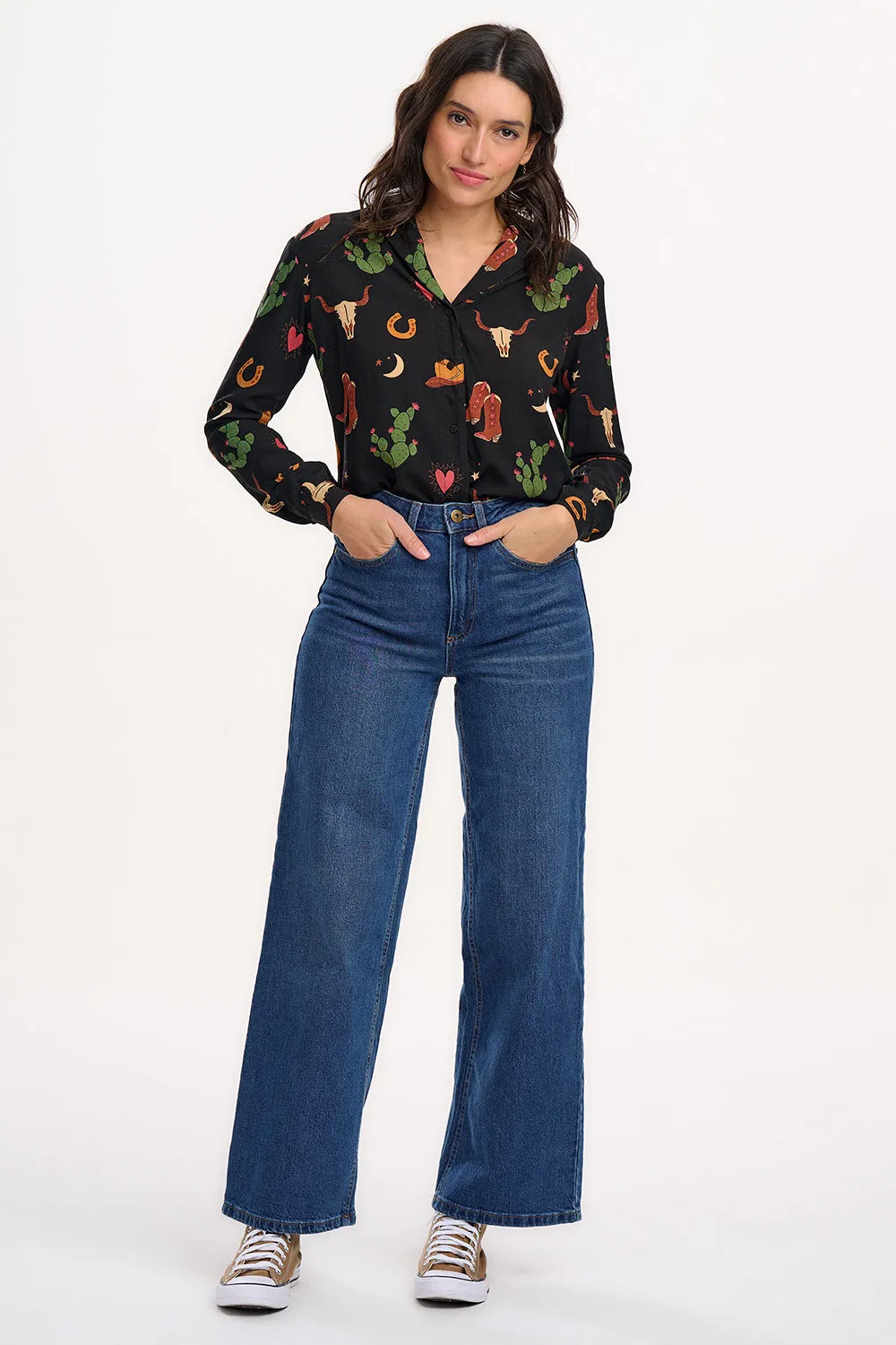 Micah Revere Shirt - Black. Cowgirl Print