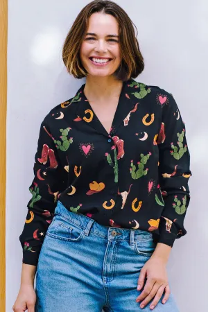 Micah Revere Shirt - Black. Cowgirl Print