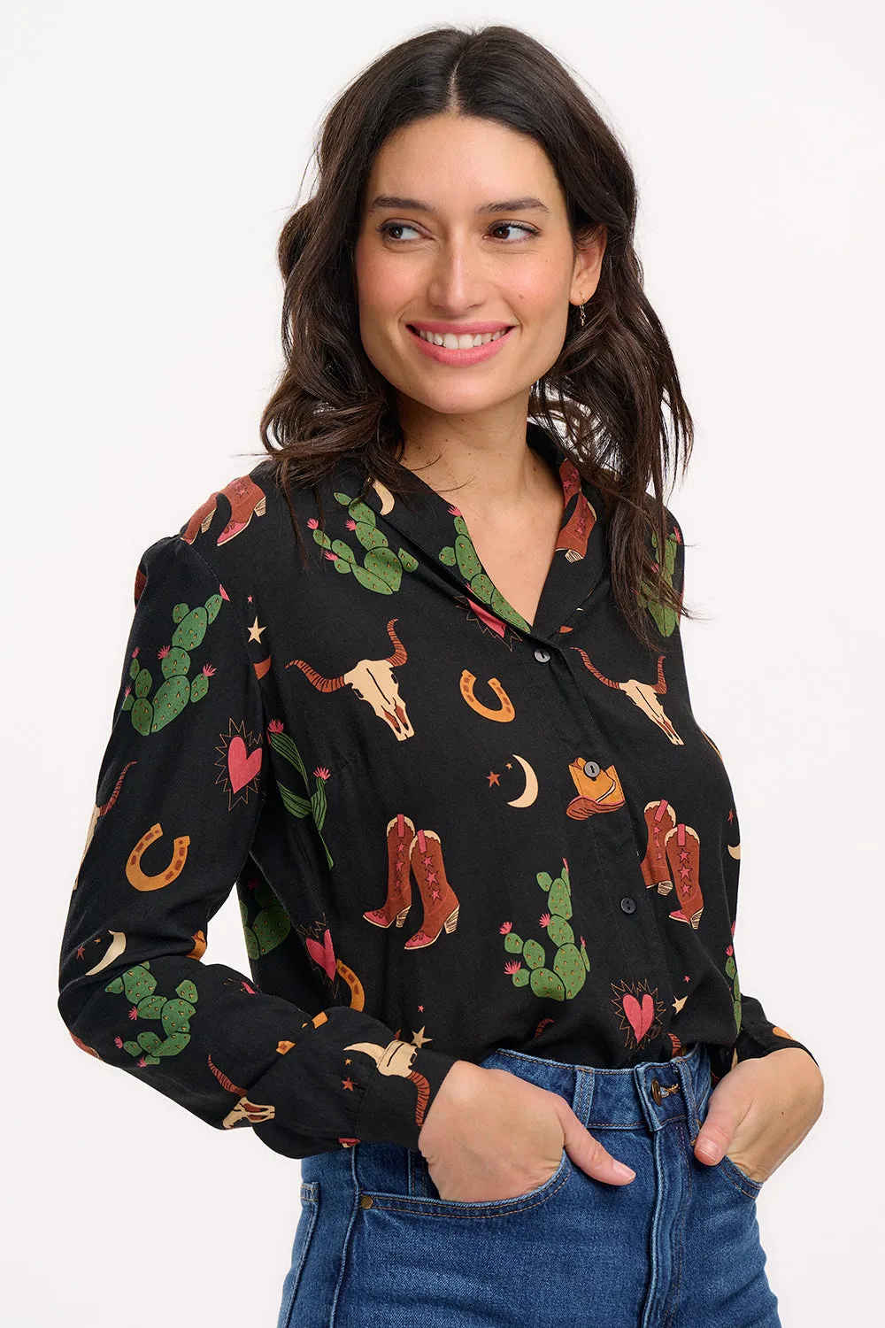 Micah Revere Shirt - Black. Cowgirl Print