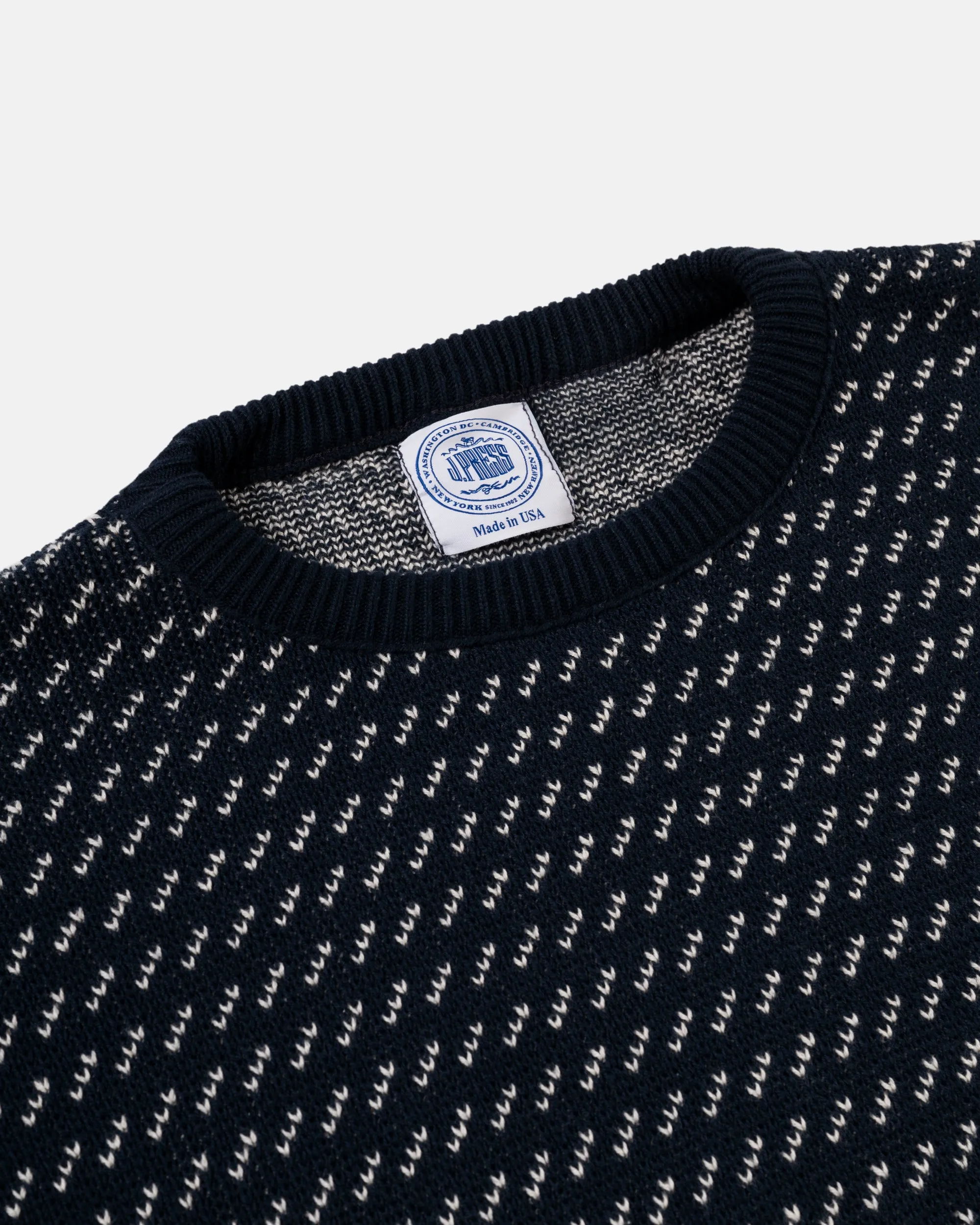 NAVY/WHITE CHEVRON COTTON CREWNECK SWEATER
