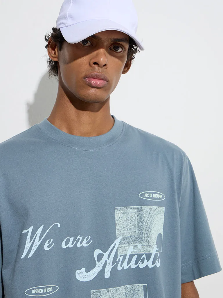 Nuon Dusty Blue Printed Relaxed-Fit Cotton T-Shirt