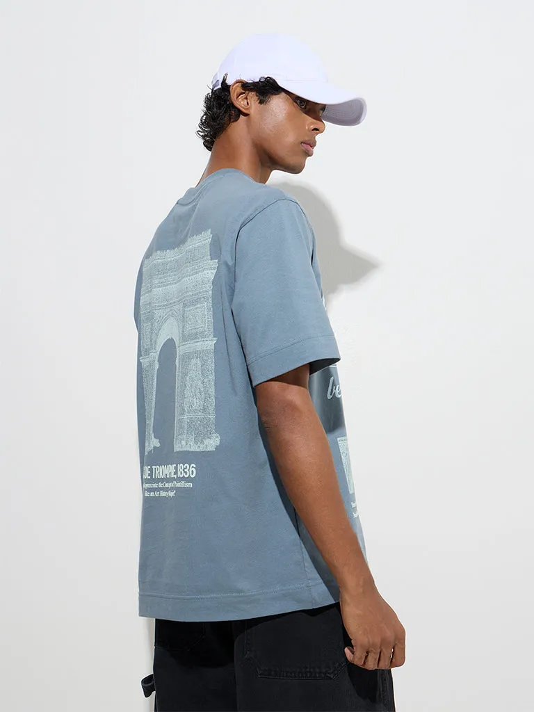 Nuon Dusty Blue Printed Relaxed-Fit Cotton T-Shirt