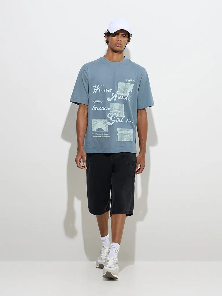 Nuon Dusty Blue Printed Relaxed-Fit Cotton T-Shirt