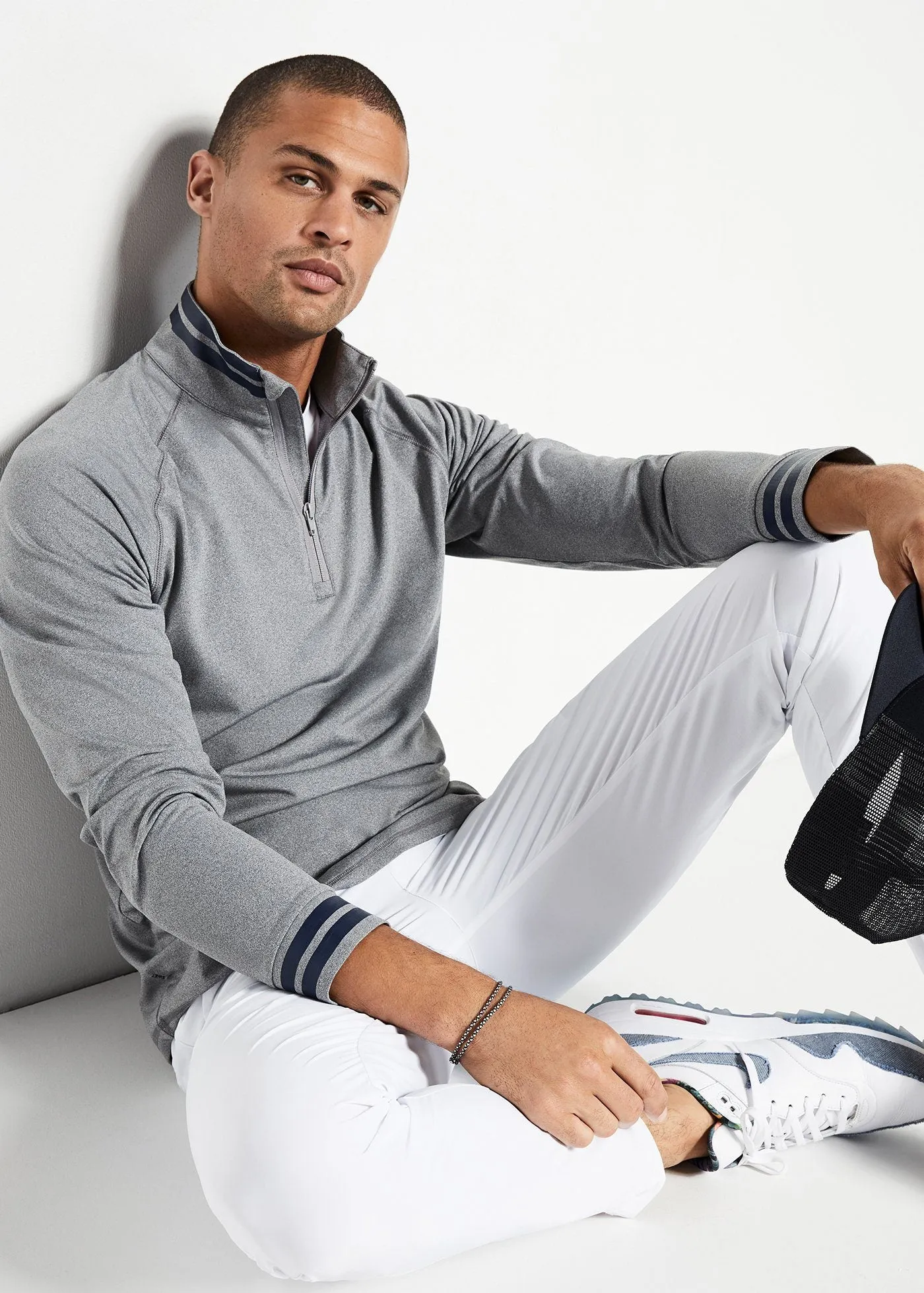 Performance Quarter Zip | Heather Grey w/Navy Stripe