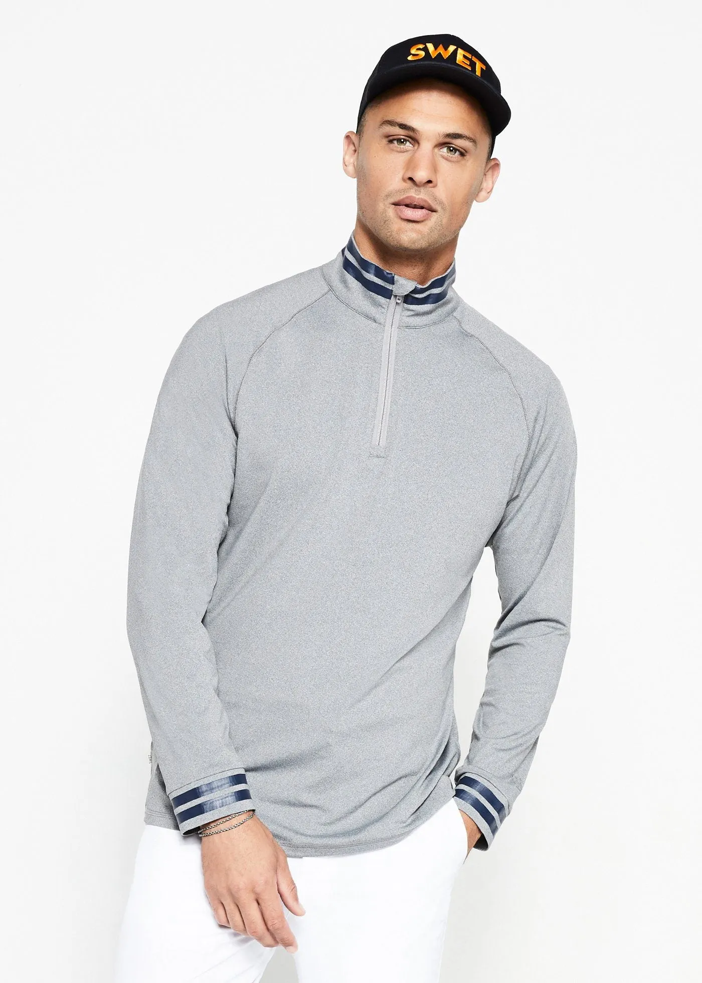 Performance Quarter Zip | Heather Grey w/Navy Stripe