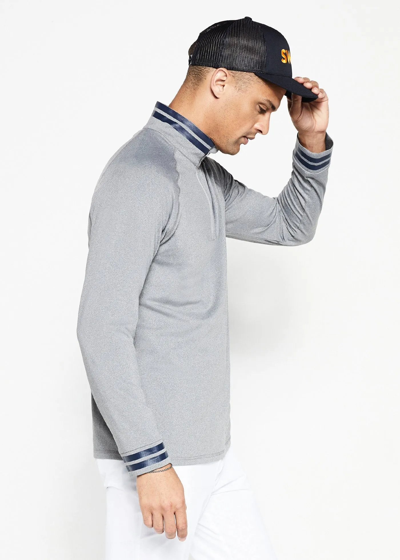 Performance Quarter Zip | Heather Grey w/Navy Stripe