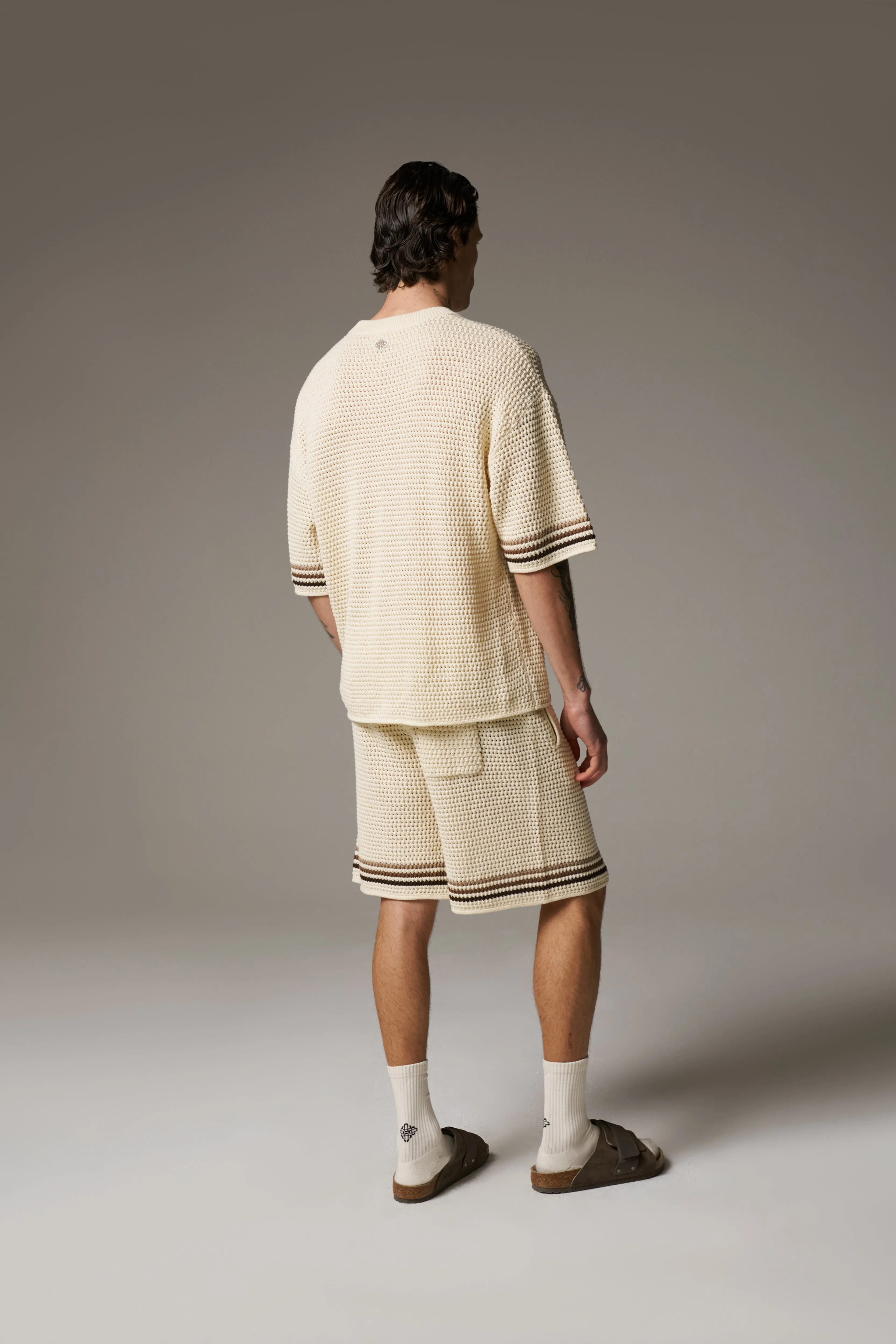STRIPE CROCHET KNIT T-SHIRT - OFF WHITE