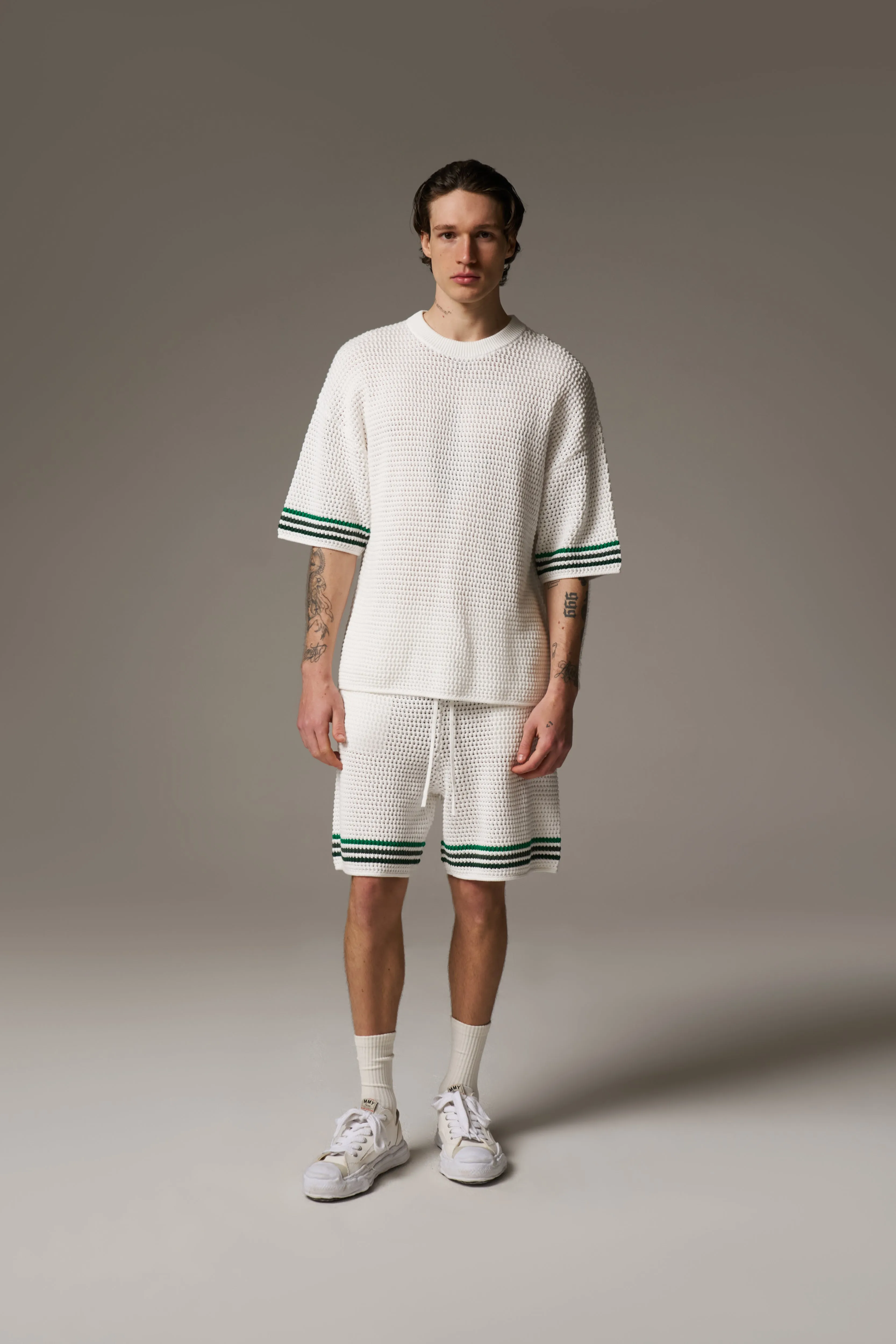 STRIPE CROCHET KNIT T-SHIRT - WHITE