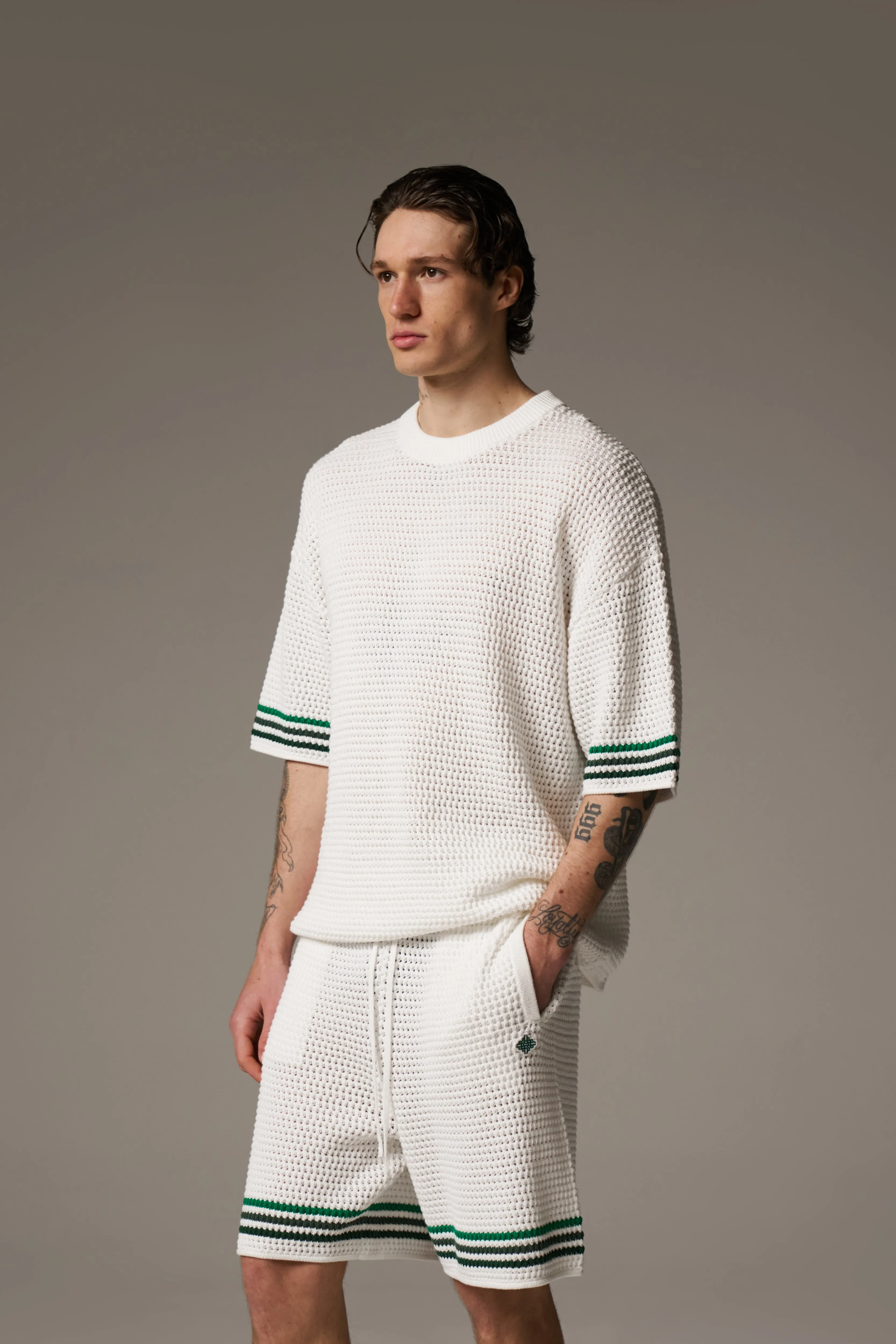 STRIPE CROCHET KNIT T-SHIRT - WHITE