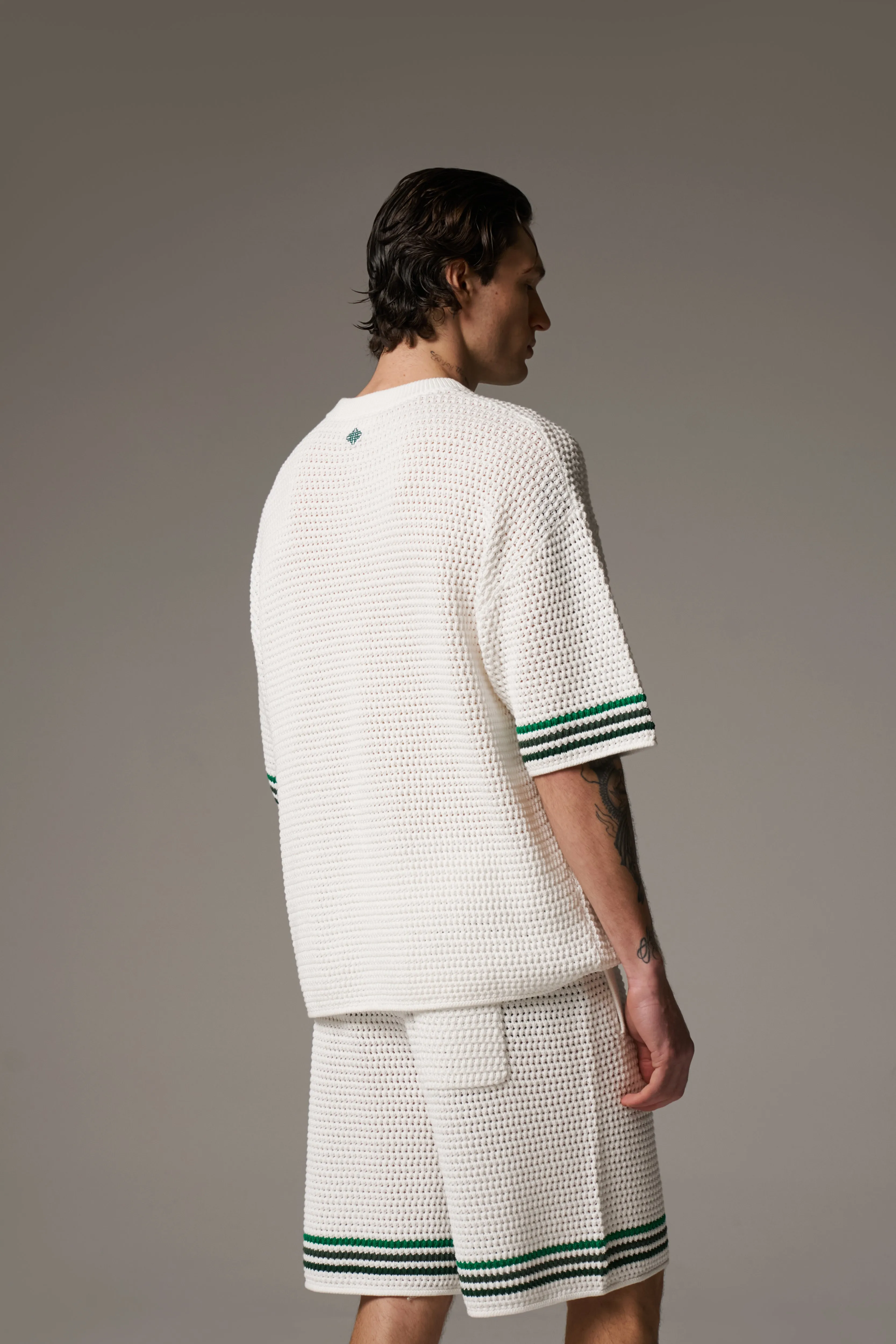 STRIPE CROCHET KNIT T-SHIRT - WHITE