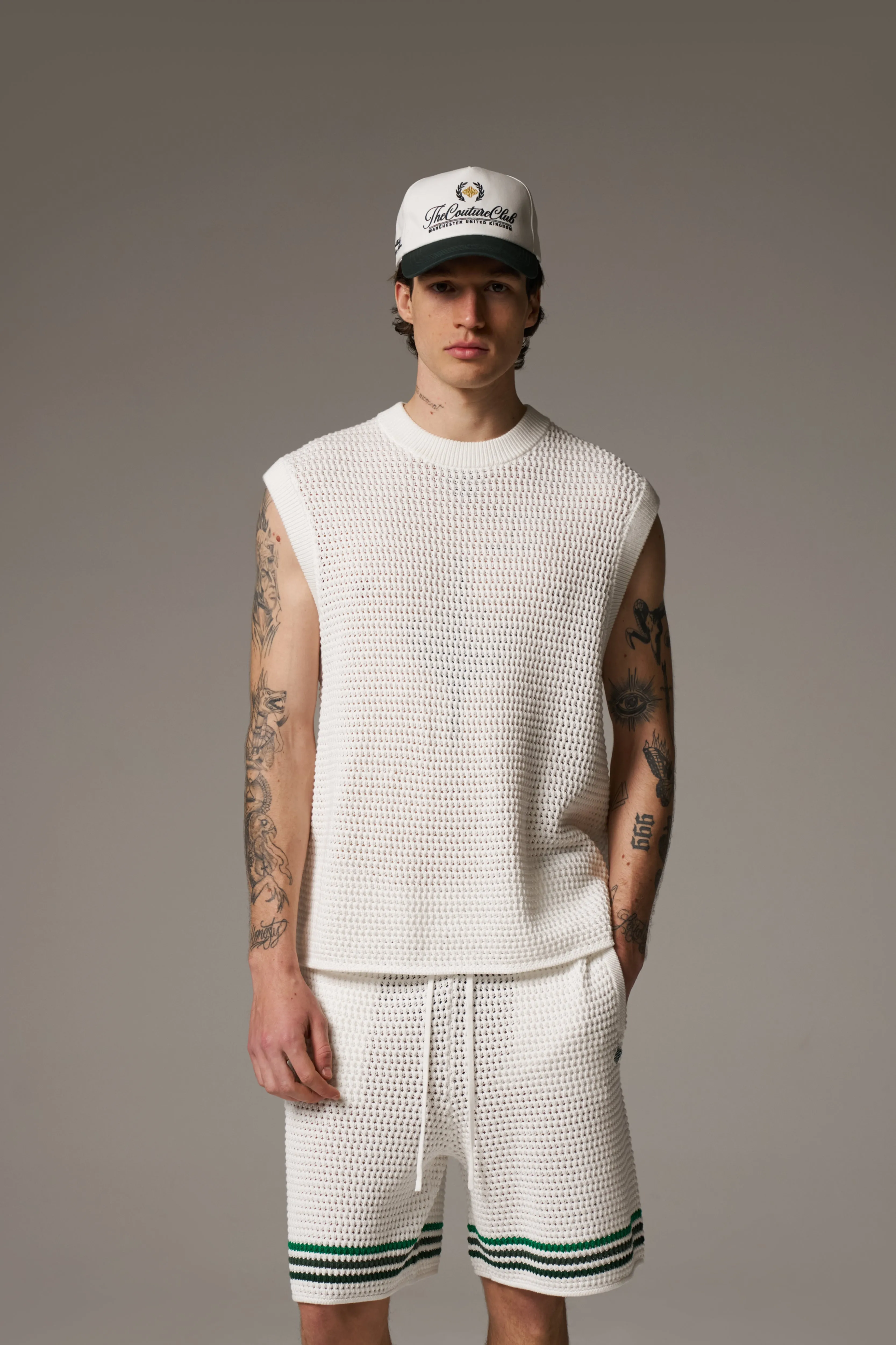 STRIPE CROCHET KNIT VEST - WHITE