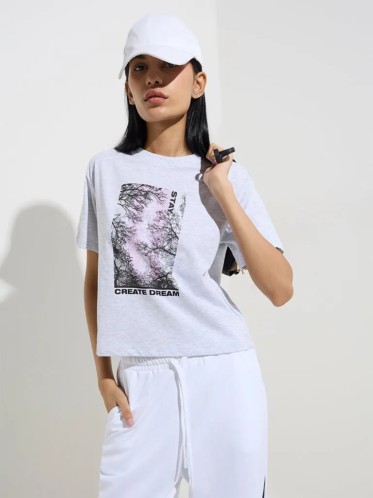 Studiofit Grey Printed Cotton T-Shirt