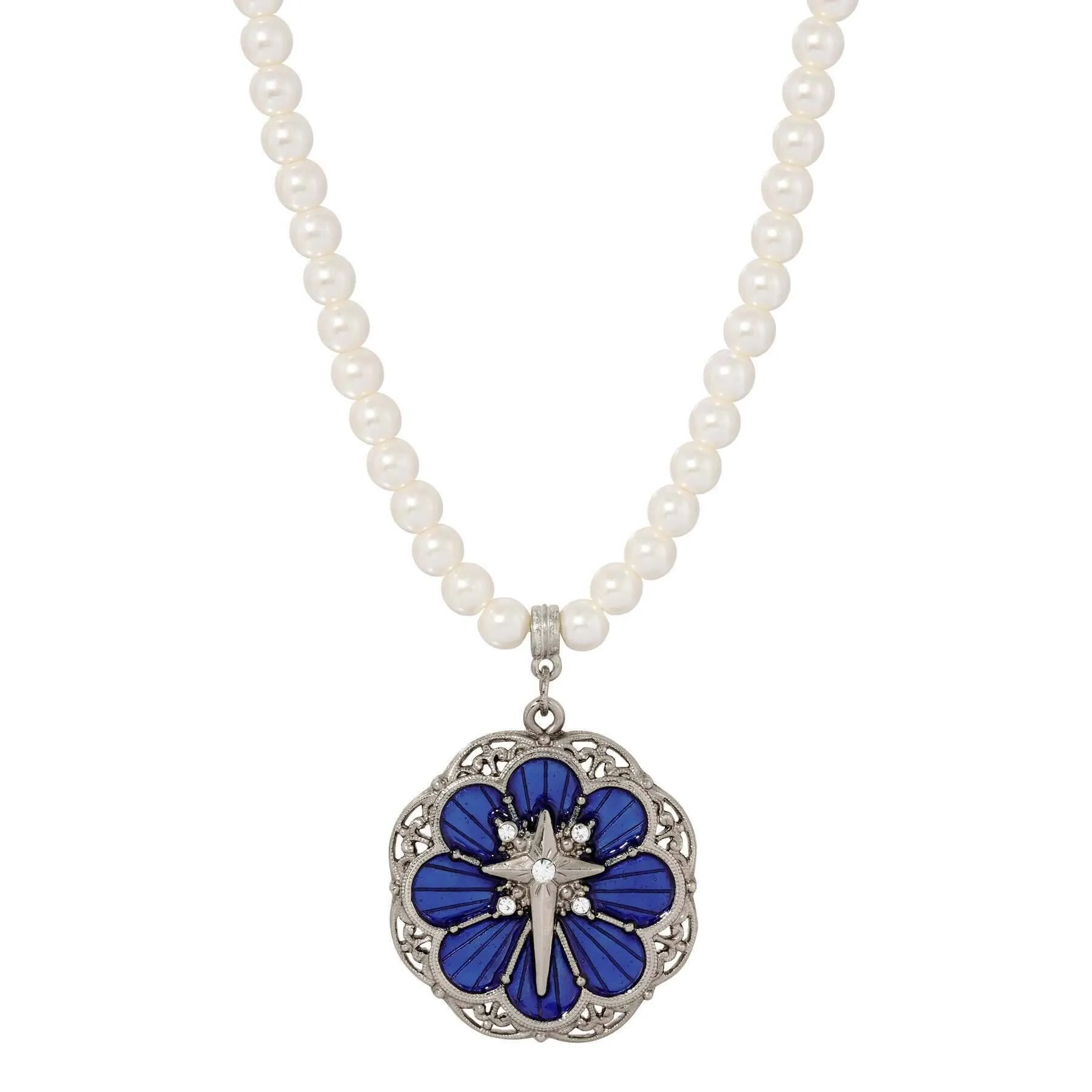 Symbols Of Faith 6mm Star Of Bethlehem Faux Pearl Strand Rose And Cross Pendant Necklace 15"   3" Extender