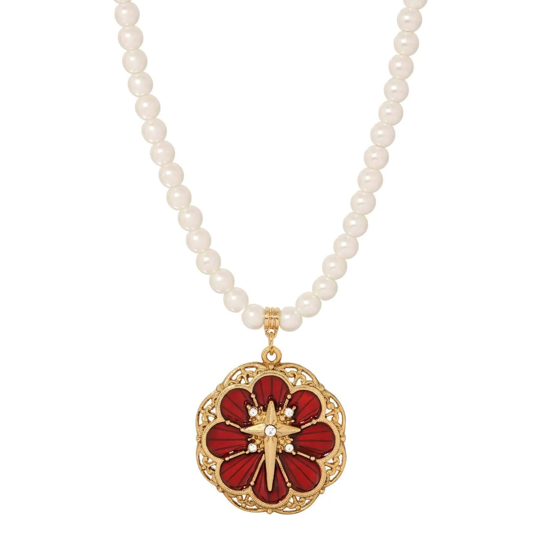 Symbols Of Faith 6mm Star Of Bethlehem Faux Pearl Strand Rose And Cross Pendant Necklace 15"   3" Extender