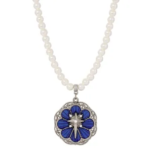 Symbols Of Faith 6mm Star Of Bethlehem Faux Pearl Strand Rose And Cross Pendant Necklace 15"   3" Extender