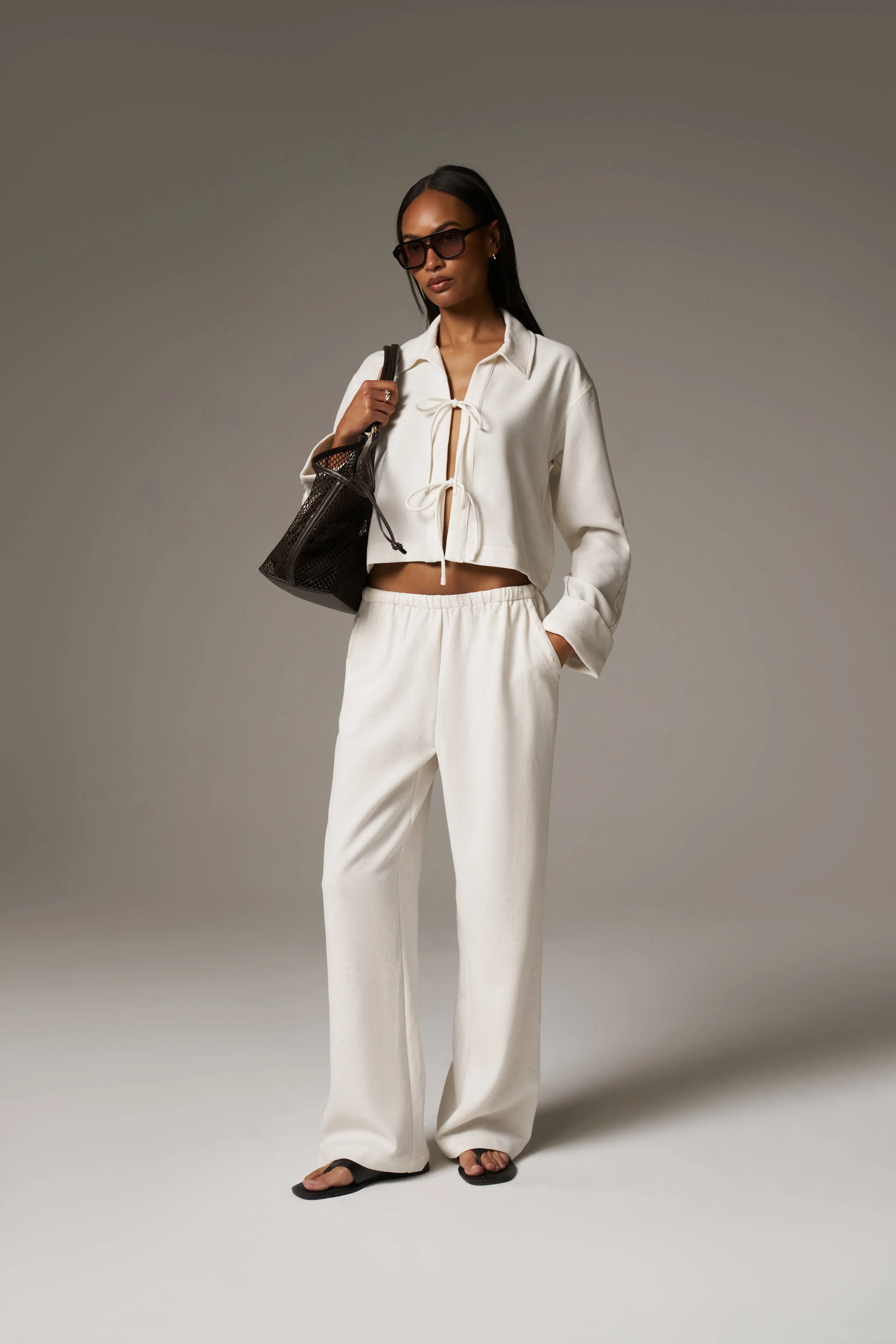 TEXTURED LINEN TIE FRONT SHIRT - BEIGE