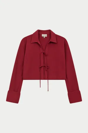 TEXTURED LINEN TIE FRONT SHIRT - BURGUNDY