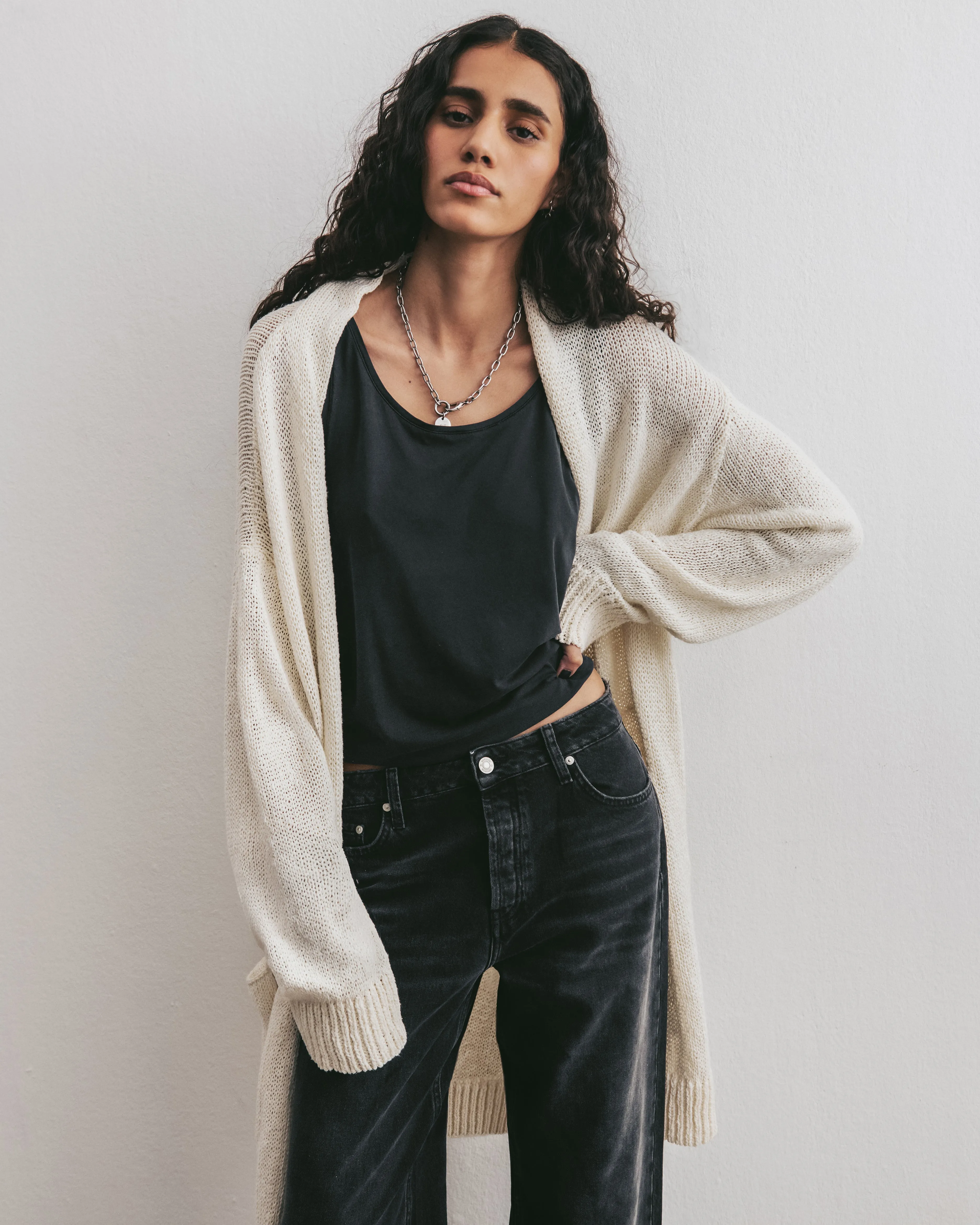The Ecru Thin Long Knitted Cardigan
