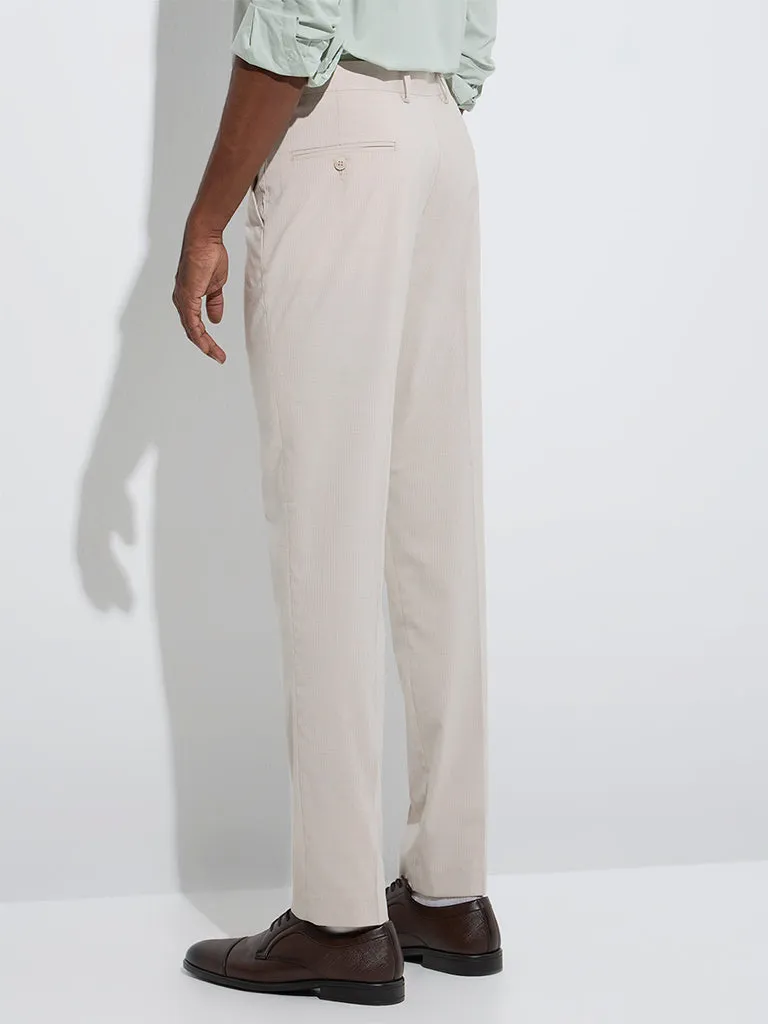 WES Formals Beige Checkered Slim-Fit Mid-Rise Trousers