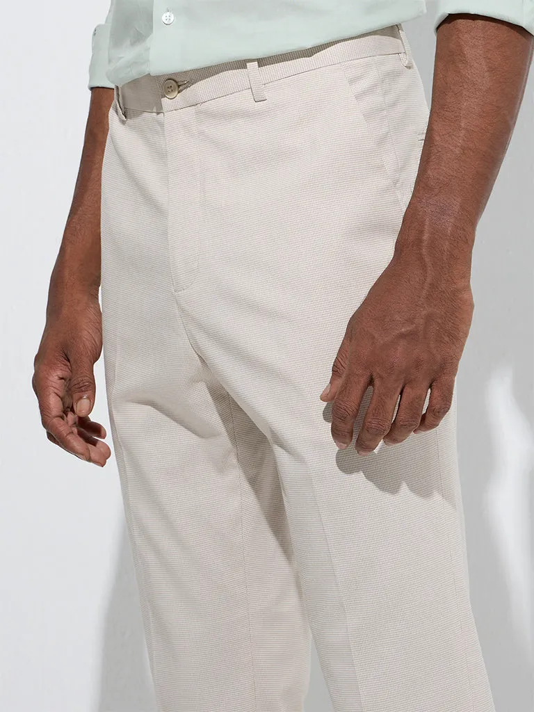 WES Formals Beige Checkered Slim-Fit Mid-Rise Trousers