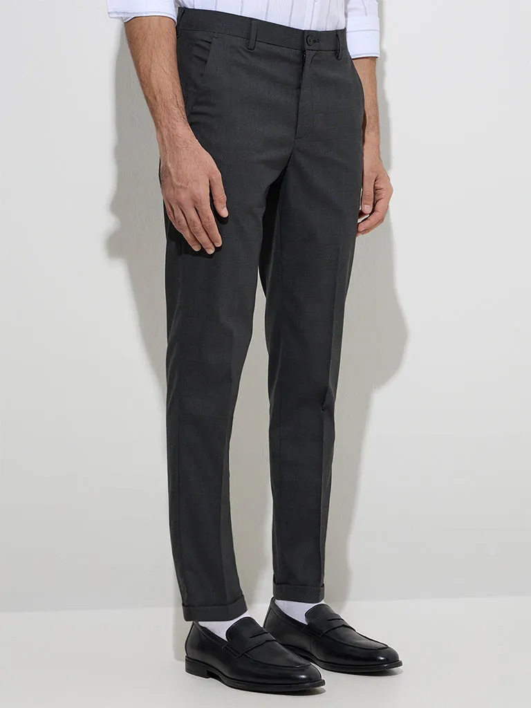 WES Formals Black Checkered Relaxed-Fit Mid-Rise Trousers