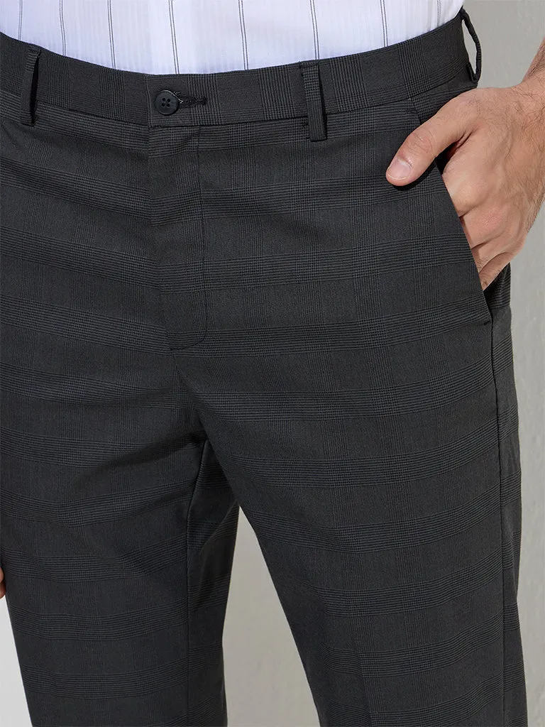 WES Formals Black Checkered Relaxed-Fit Mid-Rise Trousers