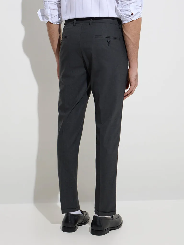 WES Formals Black Checkered Relaxed-Fit Mid-Rise Trousers