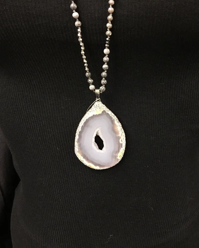 White Quartz Druzy Necklace with natural stone beads