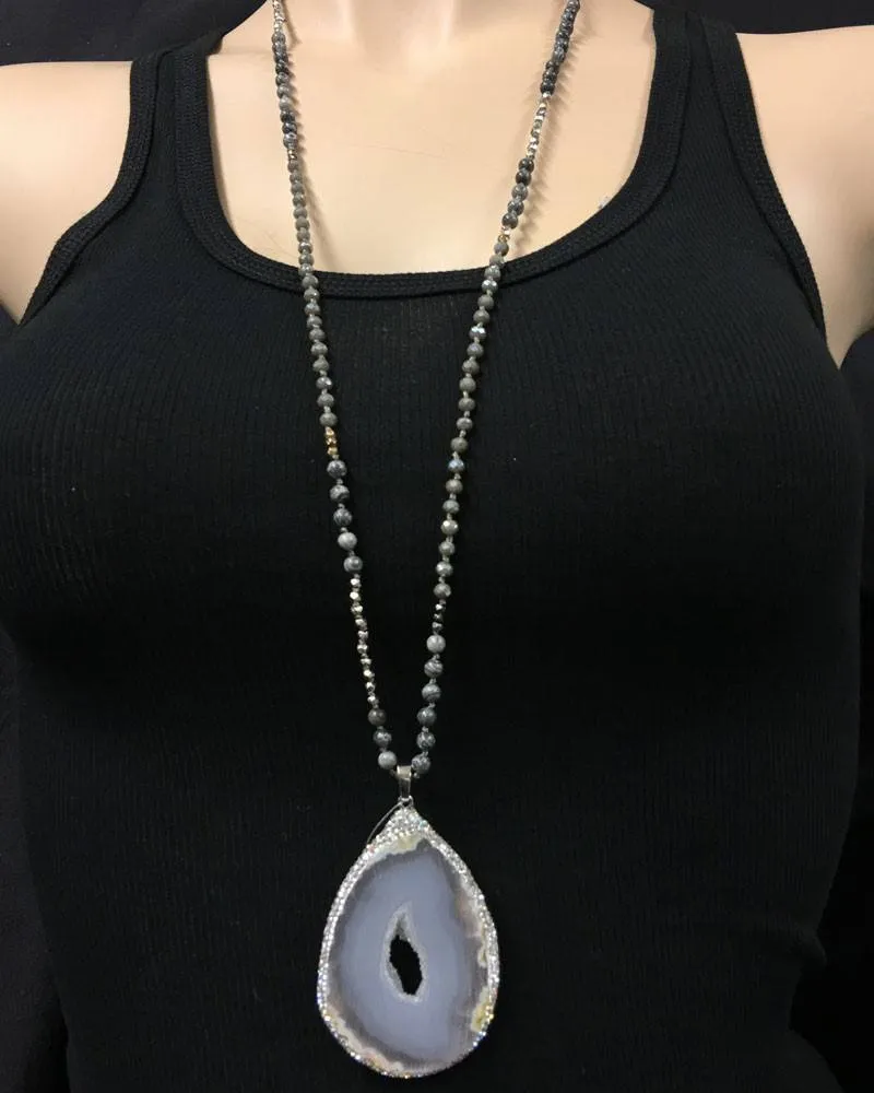 White Quartz Druzy Necklace with natural stone beads