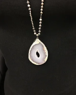 White Quartz Druzy Necklace with natural stone beads
